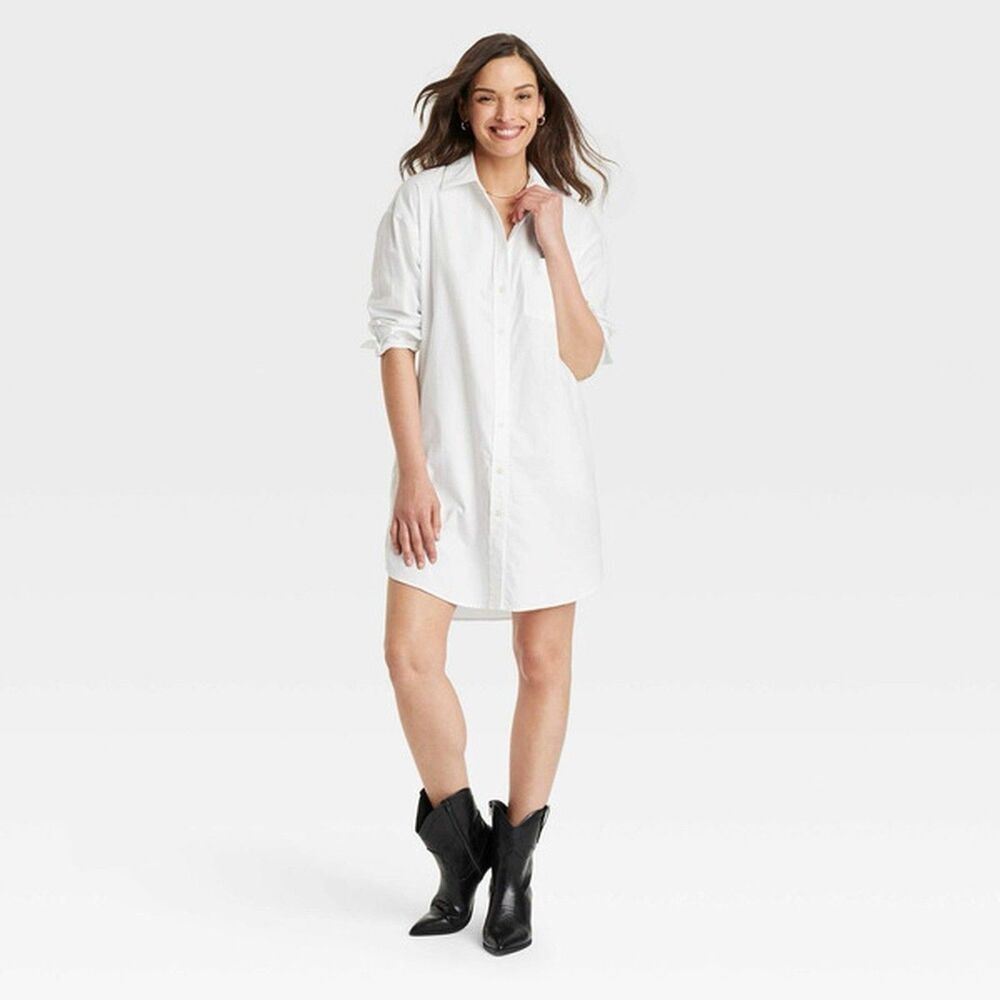 NWT Universal Thread Long Sleeve Button Down Shirt Dress White - Size XS